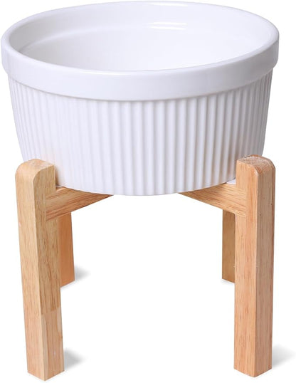 GDCZ 65 Oz Large Ceramic Raised Dog Food Bowl with Wooden Stand, White | Large 65oz Food Water Dish, Elevated Wooden Stand For Neck Relief, Heavy Tip-Proof Ceramic, Modern Fluted Design Textured