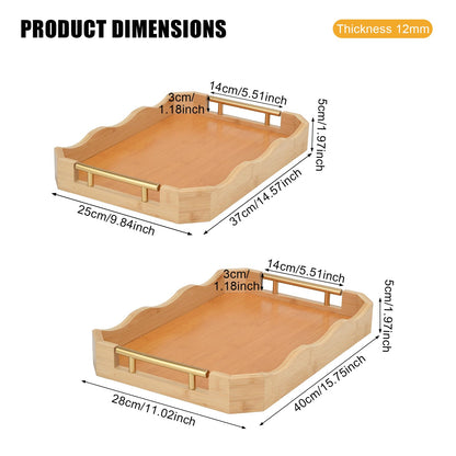 Decorative Bamboo Serving Tray Set with Gold Metal Handles, 2 Pack Ottoman Coffee Table Trays, 14.5x9.8 and 15.75x11 Inches (Bamboo Color)