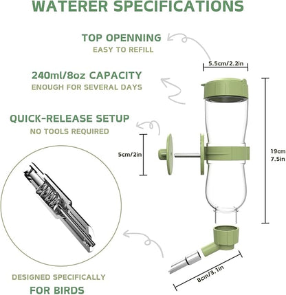 Bird Feeder Water Dispenser Set, Automatic Cage Feeder with Perch for Parakeet Canary Cockatiel Finch Budgie (Green)