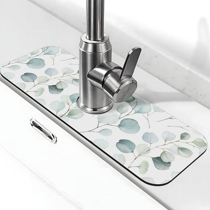 Sage Green Leaves Watercolor Branch Plant Kitchen Sink Splash Guard Faucet Mat