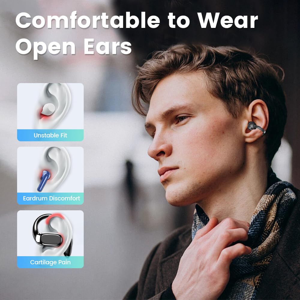 Piluyaa Clip-on Earbuds, Open Ear Earbuds with LCD Touchscreen Wireless Bluetooth 5.4, Lightweight M100 Open Ear Headphones with C-Shaped Bridge, Slim Hook,48H Battery, for Sports, Fitness (Pink)
