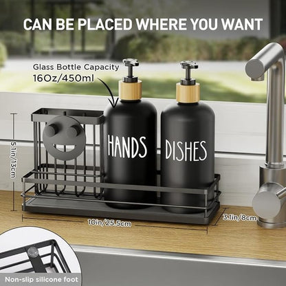 Moforoco Kitchen Dish Soap Dispenser Set, 16OZ Glass Bottle, Hand and Dish Soap