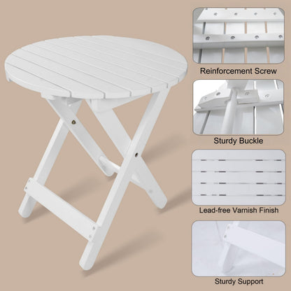 Hngilkoo Outdoor Wooden Side Table, Folding Patio End Table, Small Round Furniture Table for Adirondack Chair, Balcony, Porch, Acacia Wood, No Assembly, White