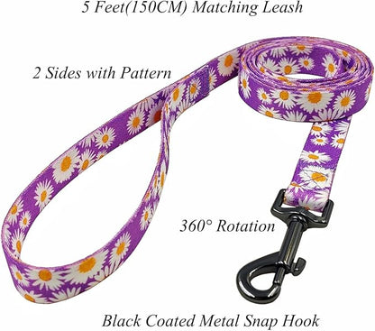 Dog Collar and Leash Set, Cute Daisy Pattern, Polyester Material, 5ft Leash, for Small Dogs.(Small,Purple Daisy)
