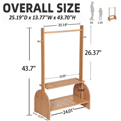 BAMBOOHOMIE Kids Clothing Rack with Adjustable Rods, Children Clothes Garment Rack for Kids Baby Pet, Kids Dress Up Rack with 2 Bottom Shelves, Kids Wardrobe Closet for Toddlers Nursery (Natural)
