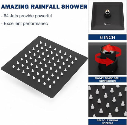 NearMoon Rain Shower Head, High Flow Stainless Steel Square Rainfall Shower, High Pressure Design, Awesome Shower Experience Even At Low Water Flow (6 Inch, Matte Black)