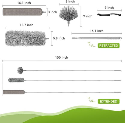 100-inch Duster with Extension Pole, 9-in-1 Cobweb Duster Kit Includes Spider