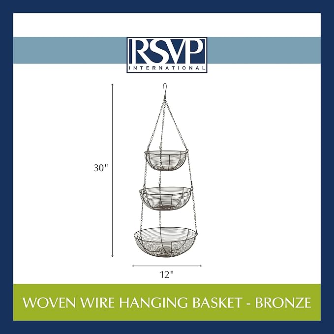 RSVP International Hanging Storage Collection 3-Tier Baskets, Bronze Woven Wire