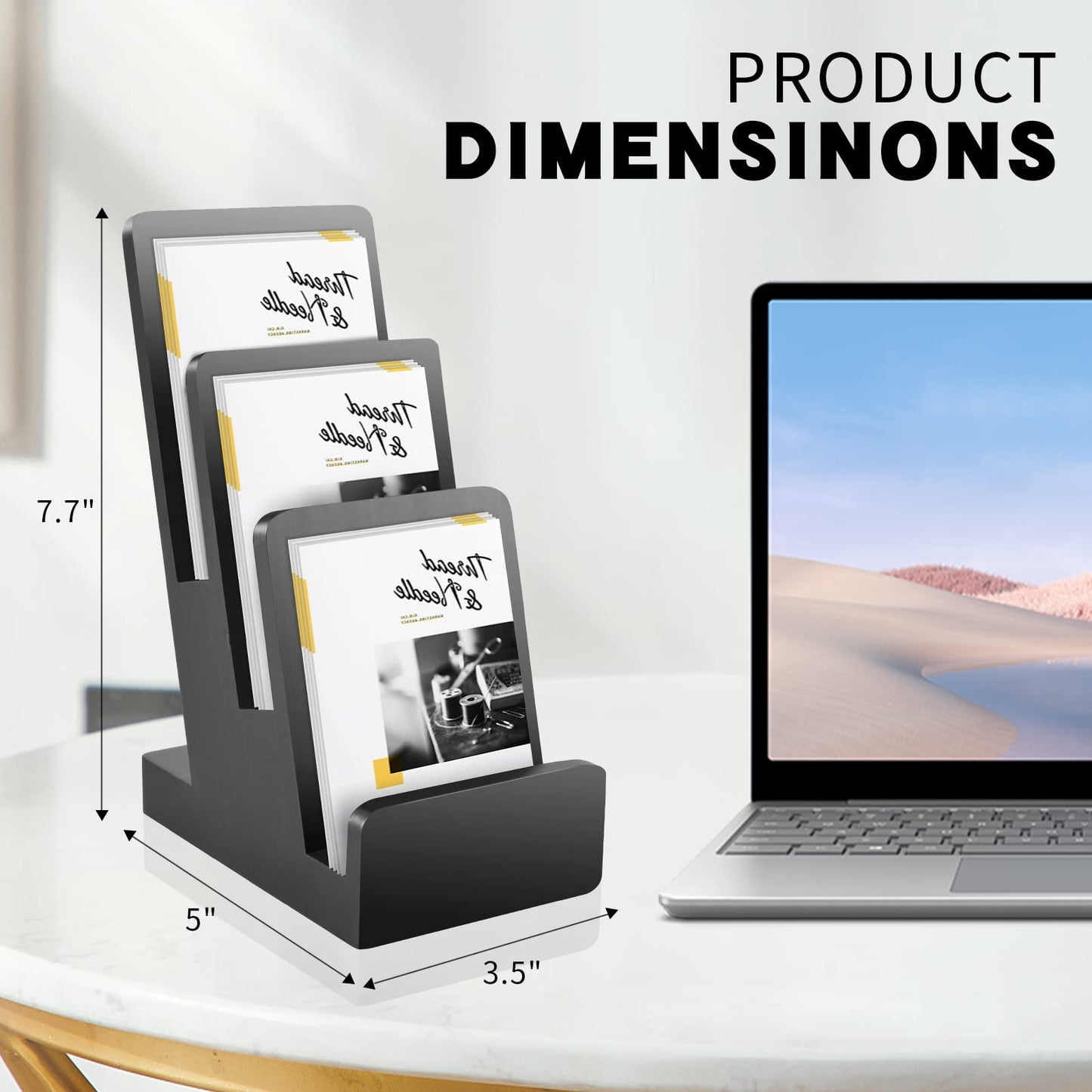 2 Pieces 3-Tier Black Brochure Holder Display Brochure Display Stand Wood Black Trifold Brochure Organizer Pamphlet Display Stand Literature Holder Countertop Book Display Rack for Magazine Booklets