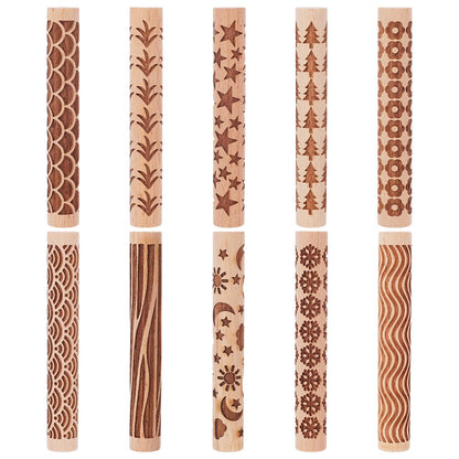 UNICRAFTALE 10Pcs Wooden Clay Texture Rollers Set for Pottery 10 Styles Ceramics Potters Stamp Roller Tools 102mm Textured Rolling Pins Modeling Pattern Rollers Kit for DIY Handmade Art Supplies