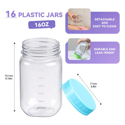 novelinks 16 oz Plastic Mason Jars with Colorful Lids, Leakproof 16oz Clear Plastic Jars with Lids, Reusable Storage Containers for Household Use (16 Pack)