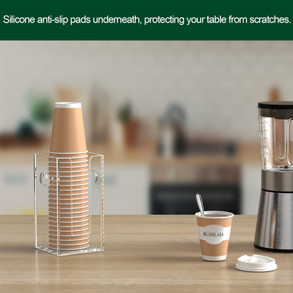 BOSSCASA Disposable Coffee Cup Dispenser with Handles, Countertop or Wall Mount Hot/Cold Drink Cup and Lid Holder - Bathroom/Kitchen/Office Acrylic Cup Lid Storage Organizer (1 Compartment, Clear)