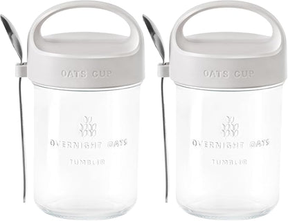 2Pack Overnight Oats Containers with Lids and Handle,14 oz Airtight Oatmeal Container,Mason Jars with Lid for Cereal,Milk,Fruit,Yogurt,On The Go Container,Salad Jars,Glass Jars (Grey)