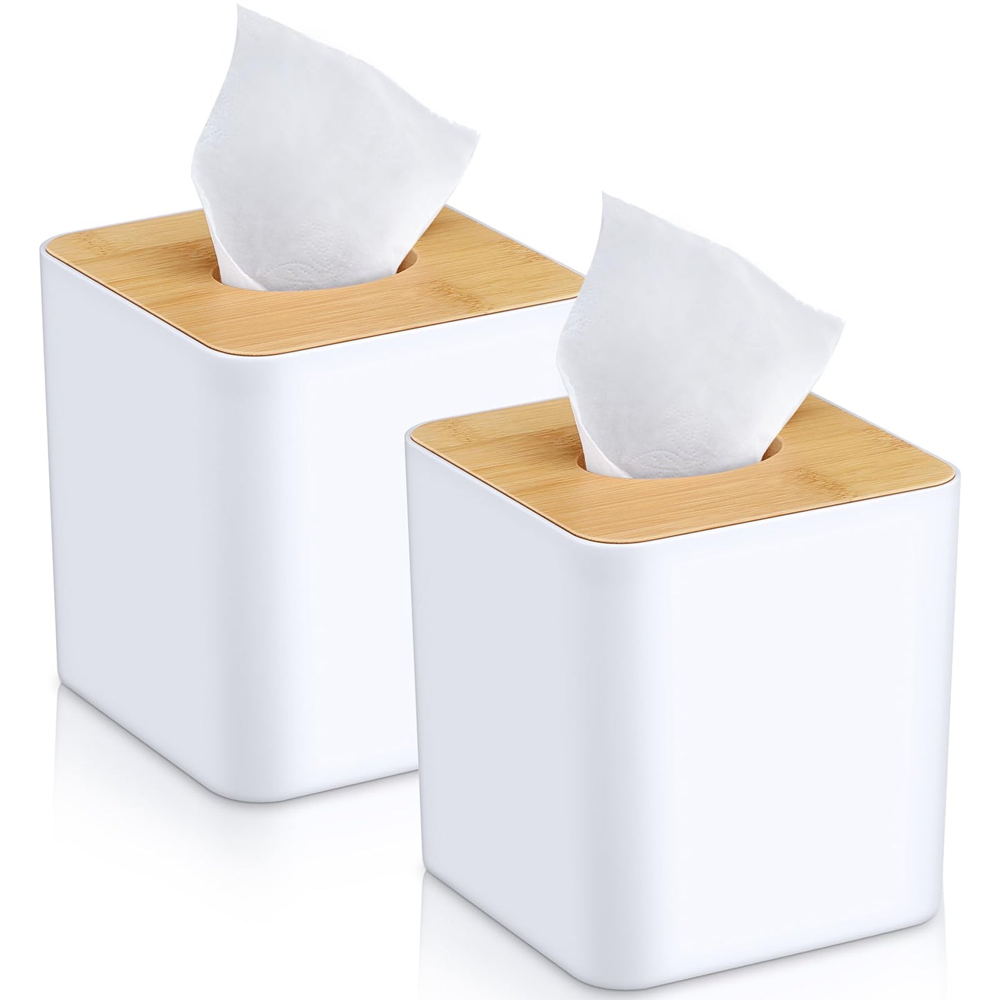 Teenyyou 2 Pcs Tissue Box Cover Square Paper Holders 5x5 Inch Tissue Box Cover Plastic Holder Wood Plate for Bathrooms, Kitchen, Office, Home, Bedroom Dresser, Countertop (White)