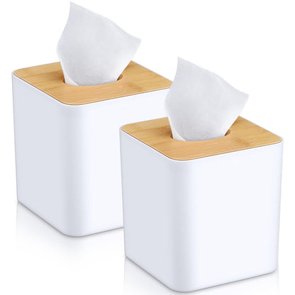 Teenyyou 2 Pcs Tissue Box Cover Square Paper Holders 5x5 Inch Tissue Box Cover Plastic Holder Wood Plate for Bathrooms, Kitchen, Office, Home, Bedroom Dresser, Countertop (White)