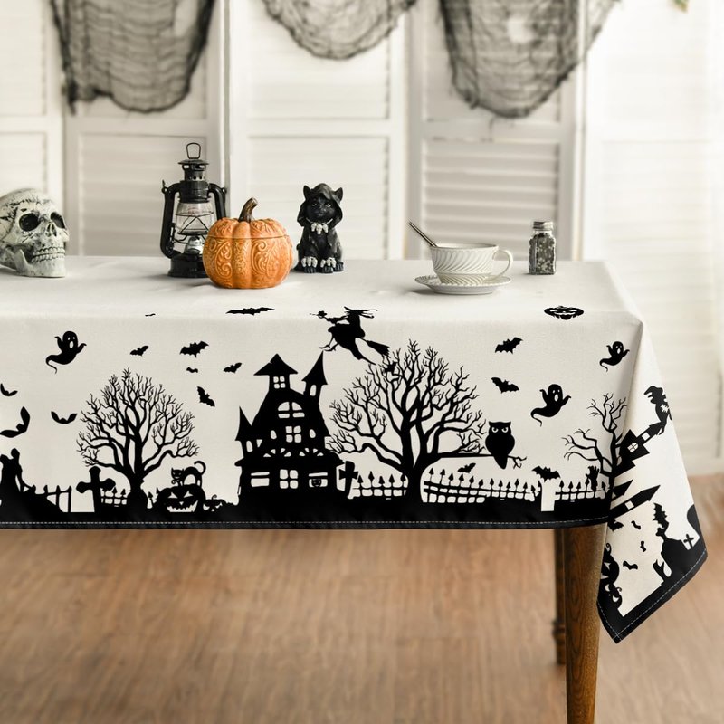 Horaldaily Halloween Tablecloth 52×70 Inch Rectangular, Castle Tree Scary Themed Washable Table Cover for Party Picnic Dinner Decor