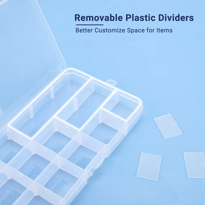 Cosics Rhinestone Organizer Storage Box, 4PCS 15-Grid Small Clear Plastic Jewelry Case, Empty Container Dividers for Nail Art Craft Accessory, Display Holder for Fishing Tackle, Bead, Charms, Sewing
