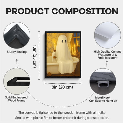 White ghost in clawfoot tub with candle, Rembrandt style ghost pictures wall decor, matte framed ghost wall art, Funny ghost pictures for bathroom, gift for Halloween, 8x10 inch