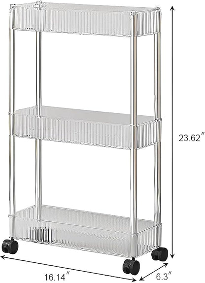 Sooyee Slim Clear 3-Tier Plastic Rolling Utility Cart with Wheels, Multi-Functional Storage Trolley for Office, Living Room, Kitchen, Movable Storage Organizer with Wheels