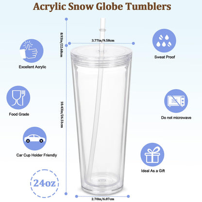 Micellwuu 8 Pack 24Oz Snow Globe Tumblers, Double Wall Acrylic Snowglobe Cup with Pre Drilled Hole, Lids, Straws and Plug, Reusable Clear Plastic Tumbler for Snow Globe Glitter DIY