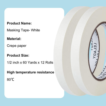 LELADY Masking Tape 1/2 Inch x 60 Yards - 12 Rolls, White Masking Tape, No Residue Painters Tape, Craft Tape Rolls, High Adhesive Decorative Tape for Painting, DIY, Arts, Crafts, Labeling, Handmade