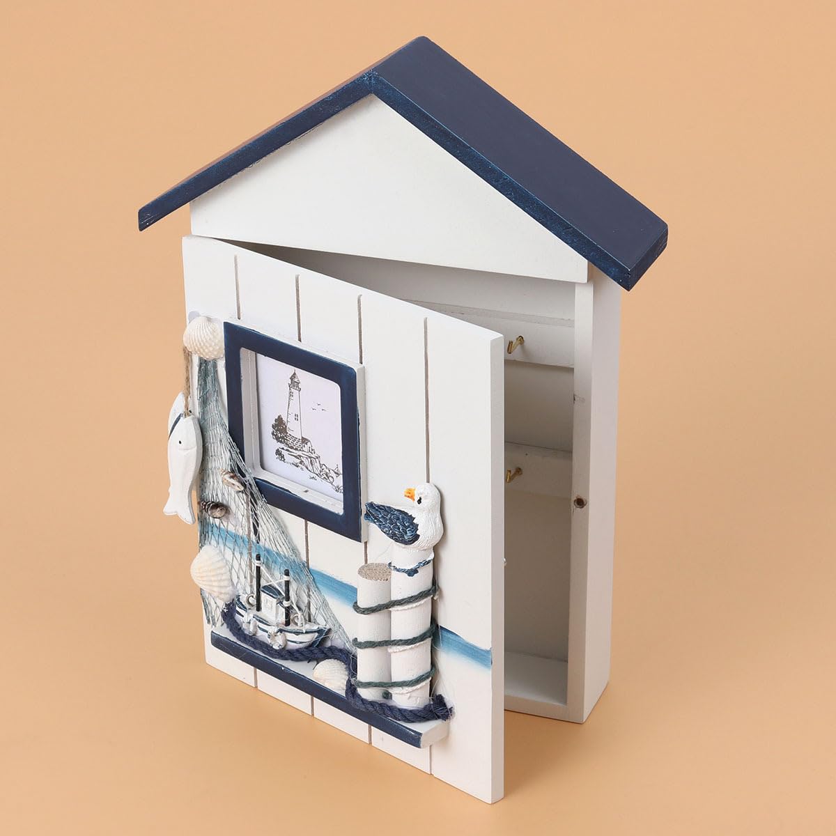 Hemoton Wall Mounted Key Storage Box with Single Bird Design Wooden Key Holder Cabinet for Home Entryway Organizer 11.81X9.05X1.96 Inches
