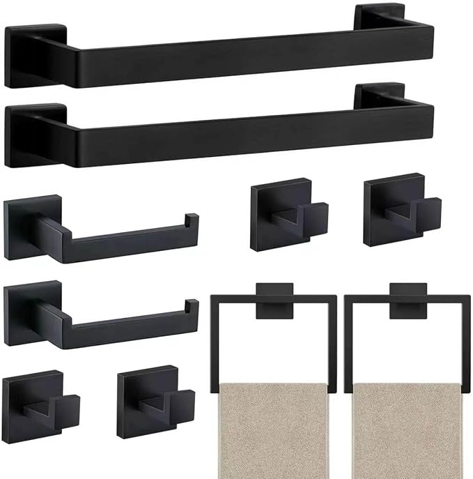 JOPOFI 10 Piece Bathroom Towel Bar Set - Thicken Stainless Steel Bath Towel Holder, 15.7 Inch Towel Racks for Bathroom Wall Mounted, Bathroom Hardware Accessories Set - Matte Black