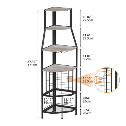Espelism 5-Tier Corner Wine Rack Floorstanding with Glass Holder and Bottles Wine Storage Home Bar Furniture for Home Kitchen Dining Room Industrial Metal and Wooden Corner Shelf