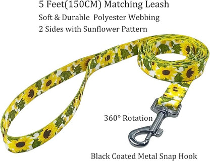 Dog Collar Leash Set, Floral Pattern, 5ft Matching Leash, Polyester Material, 4 for Small Medium Large Dogs.(XS, Sunflower)