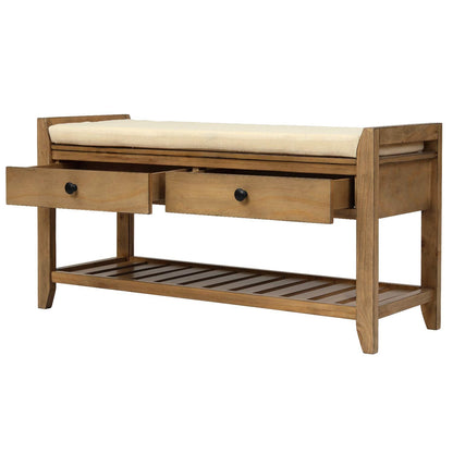SPOFLYINN FQGXX_KITHJGUJW Gray White with Cushion Wooden Shelf Drawer Living Room Shoe Rack Bedroom Storage Seating Bench, One Size, Old Pine