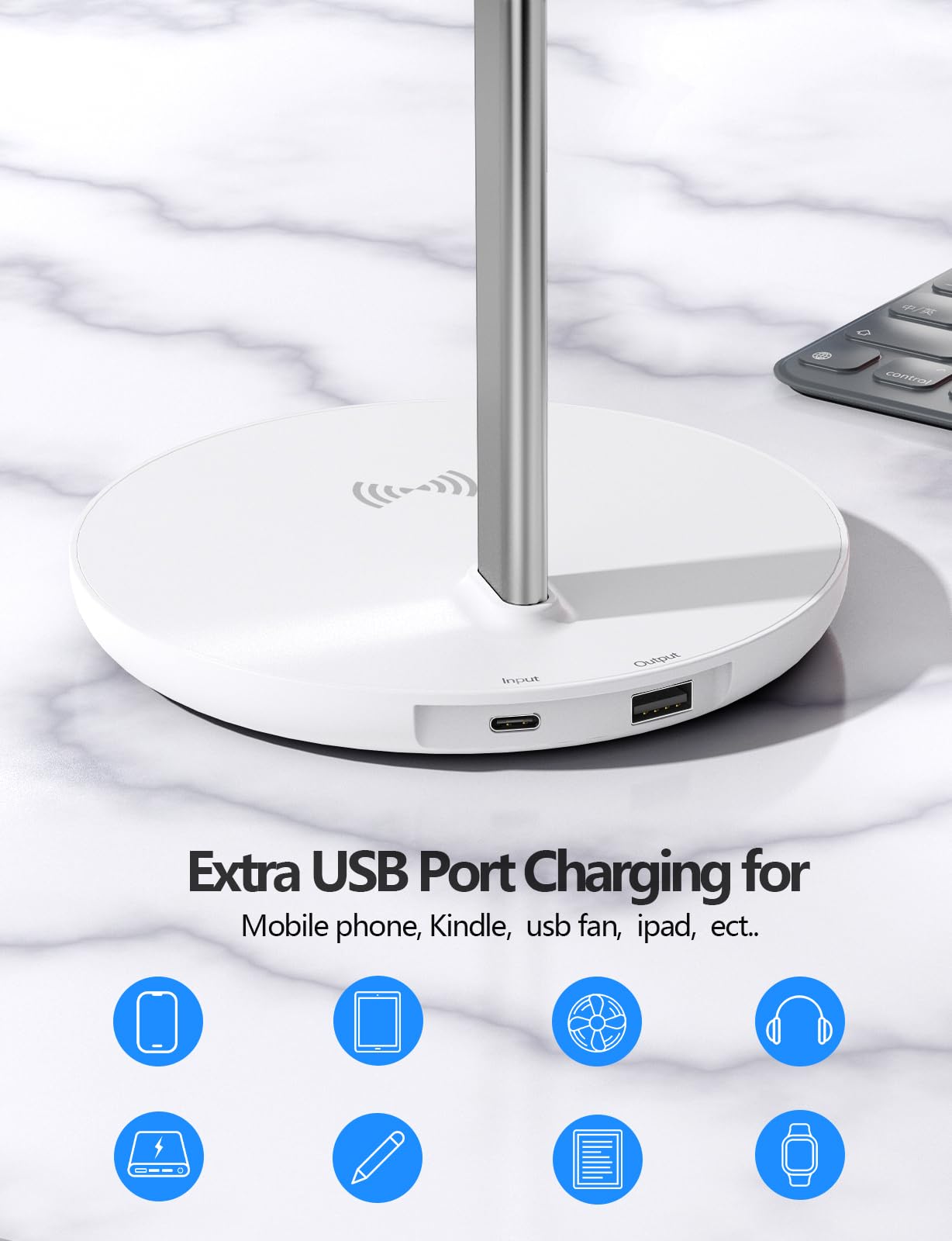 Miroddi Headphone Stand with Wireless Charger, Independent USB Charging Port, 5 in 1 Charging Station Headset Holder Rack for AirPods Max/Pro/4/3/2, iWatch, iPhone, Samsung and Desk Headphones, White