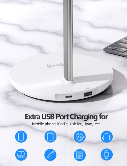 Miroddi Headphone Stand with Wireless Charger, Independent USB Charging Port, 5 in 1 Charging Station Headset Holder Rack for AirPods Max/Pro/4/3/2, iWatch, iPhone, Samsung and Desk Headphones, White