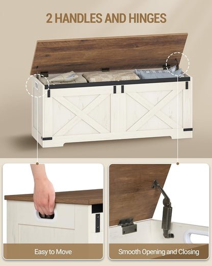Hzuaneri 47.2" Storage Chest, Large Storage Trunk with 2 Hinges, Farmhouse Wooden Box Bench, Lift-Top Organizer Chest, Entryway Trunk for Bedroom, Living Room, White and Brown SB12114X