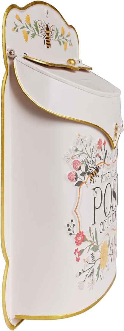 Wall Mount Mailbox for Outside Vintage Mail Boxes for House Outside Metal Door Mailbox Drop Box Antique Style Nostalgic Charm Home Decorative, Flower Pattern, Pink