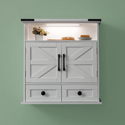 OONNEE Bathroom Wall Cabinet, 23" x 25" Farmhouse Over The Toilet Storage with Motion LED Light & Safety Drawers, Wooden Medicine Cabinet, Water-Resistant White Organizer (9" Depth)