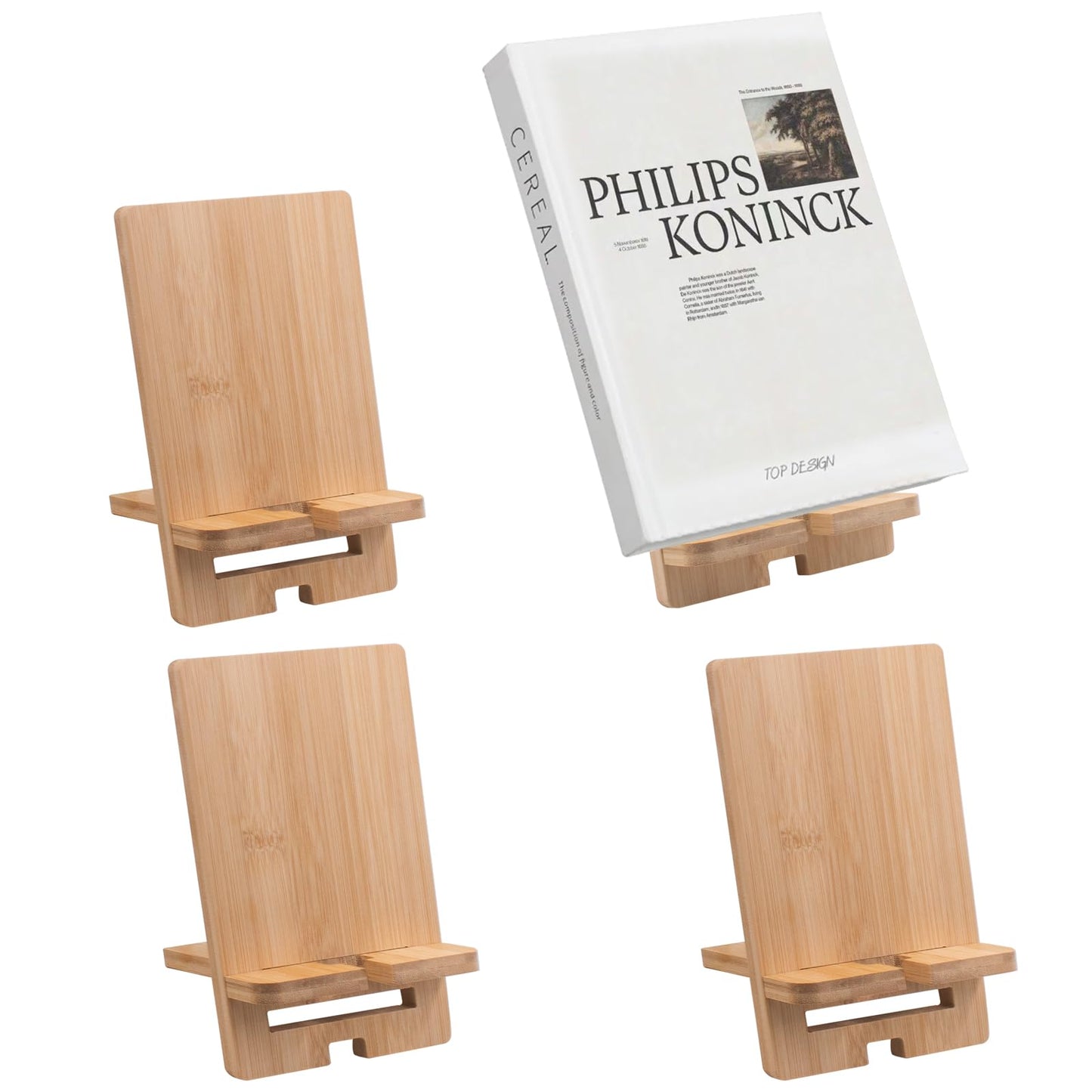 4 PCS Bamboo Book Stand for Display, Book Display Holder for CDs Comics Postcards Magazines Greeting Cards Tablets Sheet Music Phone Stickers Album Photo Frames