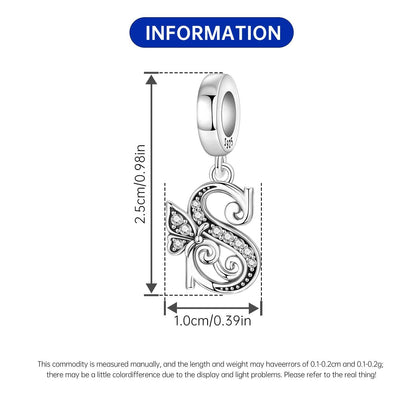 PANPOKI 2 Pack 925 Sterling Silver Butterfly Letter Charms for Bracelets and Necklace Alphabet Dangle Pendants Round Spacer Beads Pave Cubic Zirconia Jewelry Gift for Women (S Set)