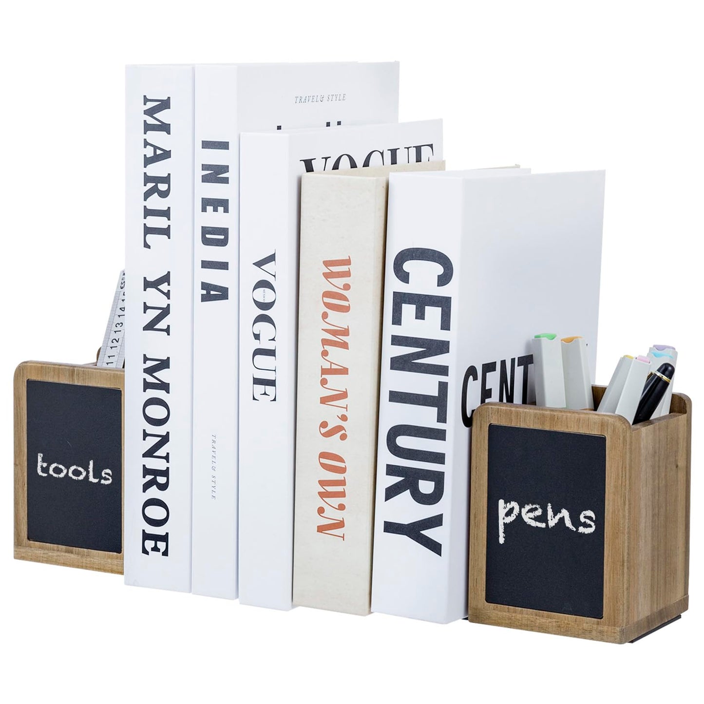 MyGift Wood Bookends and Pen Holders with Chalkboard Labels, Book Ends for Office Desk Shelves, Natural Wooden Rectangular Pencil Cups, Premium Acacia, 1 Pair