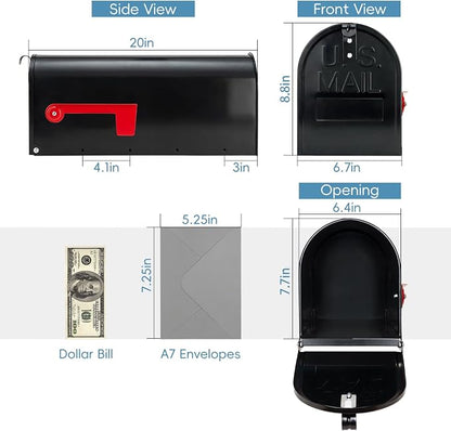 BlissBoard Black Metal Mailbox, Galvanized Steel Outside Mailboxes, Standard Medium Capacity, 20 x 8.7 x 6.7 Inches
