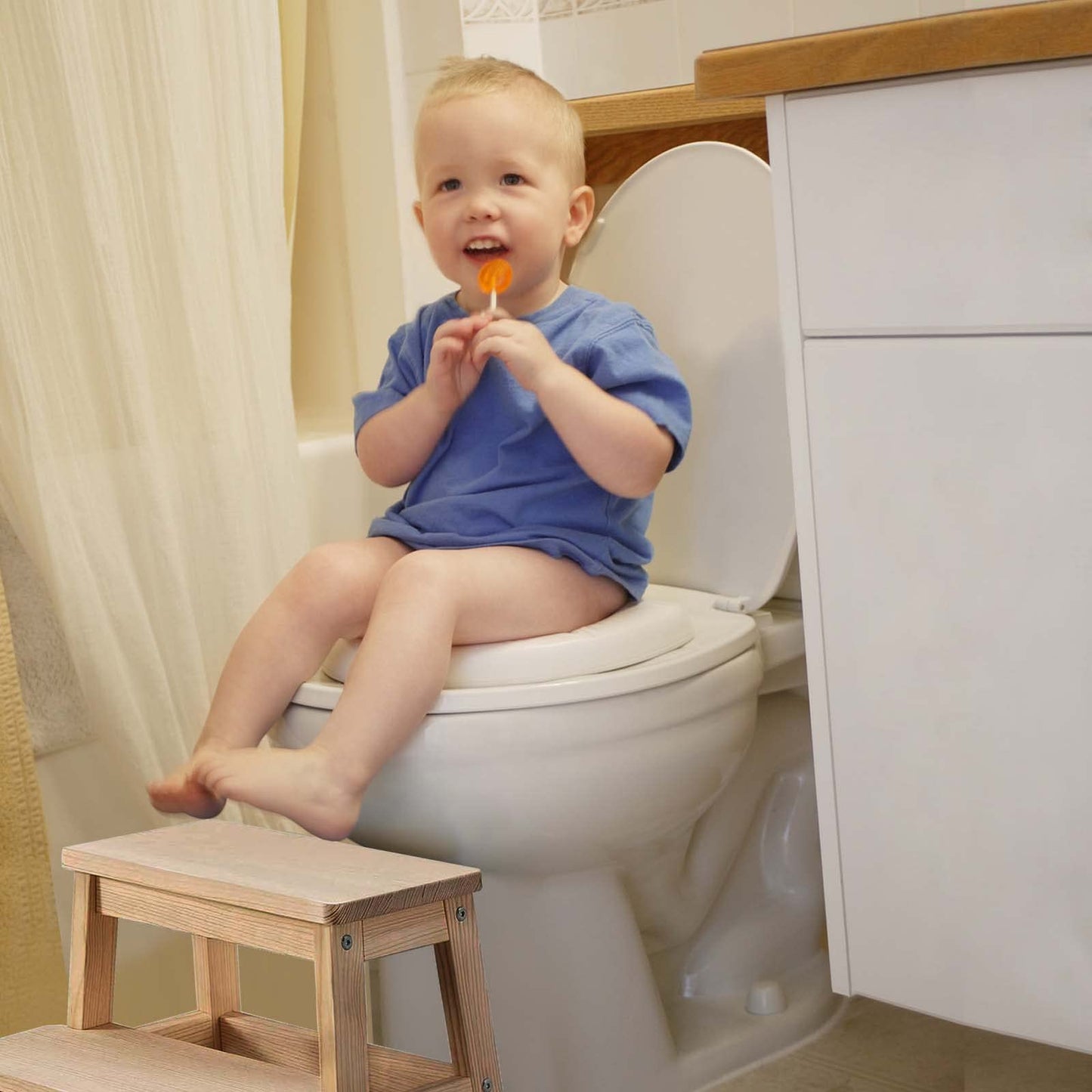 HOUCHICS Wooden Step Stool for Adults Kids, Solid Wood Bed Step Stool, Multi-Purpose 2-Step Stool for Kitchen, Bed, Bathroom with 260lb Load Capacity