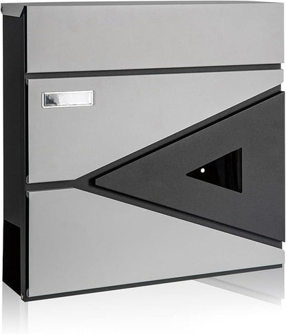 Wall-Mount Mailbox for House Outside, Security Drop Box with Lock and Keys, Steel Metal Mail Box with Newspaper Compartment, 14.57 x 14.57 x 4.33 Inch, Grey & Black, MD039 X-Large