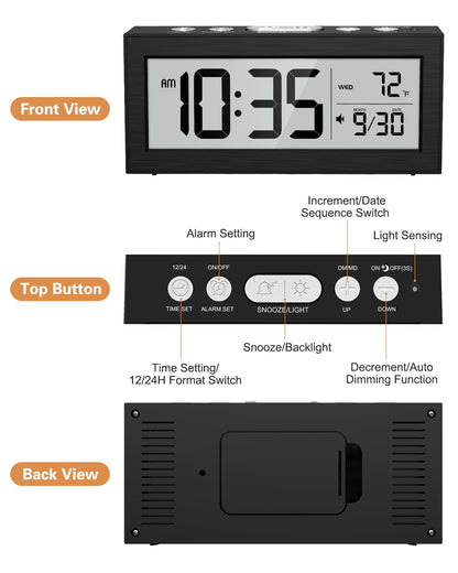 Bomivoi Battery Powered Digital Clock, LCD Digital Clock with Date & Temp Display, 5 Alarm Schedule, Snooze, 12/24 H, Auto Dimming, 5s Backlight, Small Alarm Clocks for Bedroom, Office, Travel