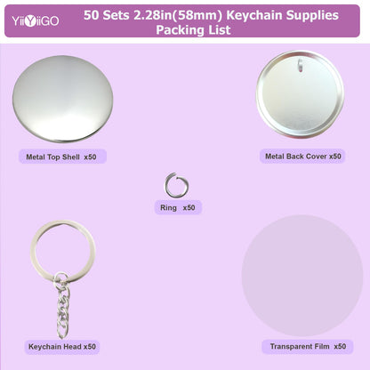 YiiYiiGO Button Maker Keychain Supplies, 50Sets 2.28inch/58mm Keychain Button Making Kit for Pin Maker Machine with Metal Shell Back Cover, Metal Top Cover, Transparent Film