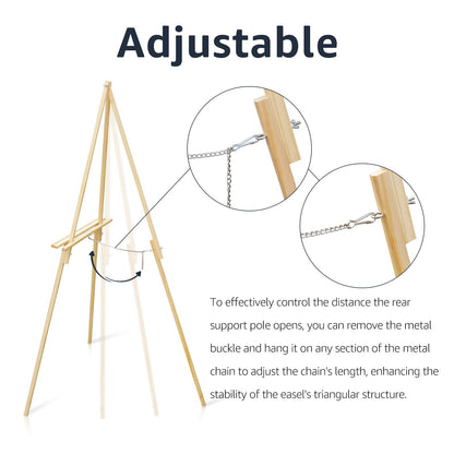 NianFeng Wooden Easel Stand for Sign, Easel Display Stand Floor for Wedding Sign with Adjustable Tray, 63-Inch, Tripod A-Frame Poster Light Duty, Welcome, Art Show & Baby Shower (Natural)