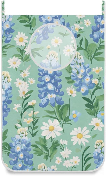 Mint Green Bluebonnet and Daisies Hanging Laundry Hamper Door Hampers Bag Basket