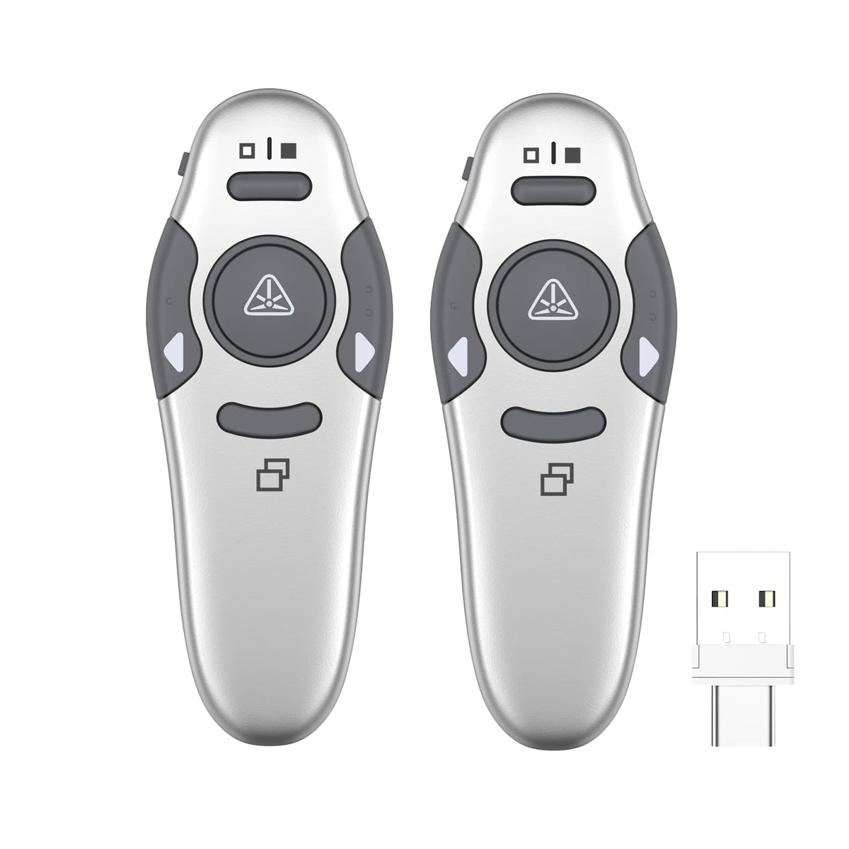 QUI 2 Pack Wireless Presenter PowerPoint Clicker, RF 2.4GHz USB Presentation Clicker for Google Slides, Keynote, Mac, Windows (USB Type-c, Silver)