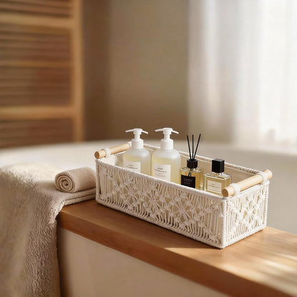 WINDAWNKE 2 Pack Macrame Storage Baskets Boho Decor Style Storage Boxes, Toilet Paper Basket with Wood Handles for Home Bedroom Decor (Rhombus)