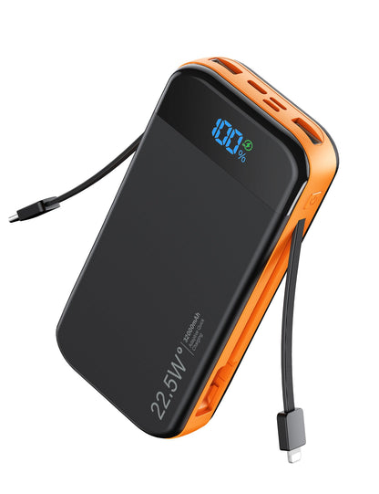 LENGSUM Portable Charger Power Bank Built-in Cables, 32000mAh 22.5W USB C Fast Charging, 5 Outputs 3 Inputs Travel Essentials Battery Pack Compatible with iPhone, iPad, Samsung, Google Pixel, Orange