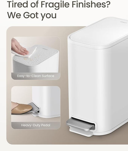 Cesun Small Bathroom Trash Can with Lid Soft Close, Step Pedal, 5 Liter / 1.3 Gallon Stainless Steel Garbage Can with Removable Inner Bucket, Waste Basket for Bathroom, Bedroom (White)