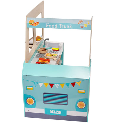 Food Truck Wooden Playset- 20 Fun Toy Pieces Including Cook Top, Steering Wheel, Sticker Sheet for Kids Name- Food Tray, Pizza Slices & More, Dual Sided Play Stand for Indoor Fun Activity, For Ages 3+
